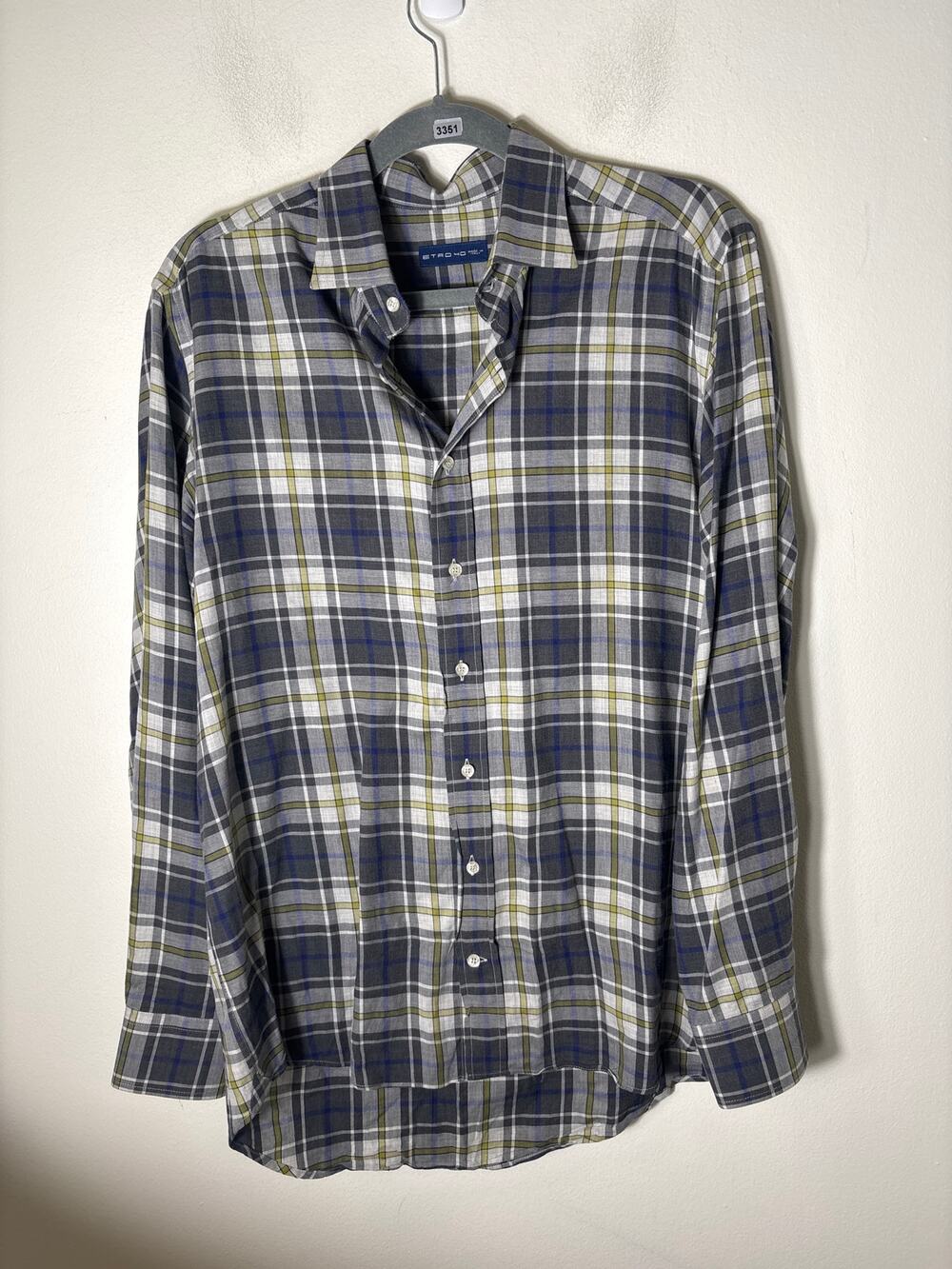 Men's Etro 40 Gray Plaid Long Sleeve Cotton Button Down Shirt Sz